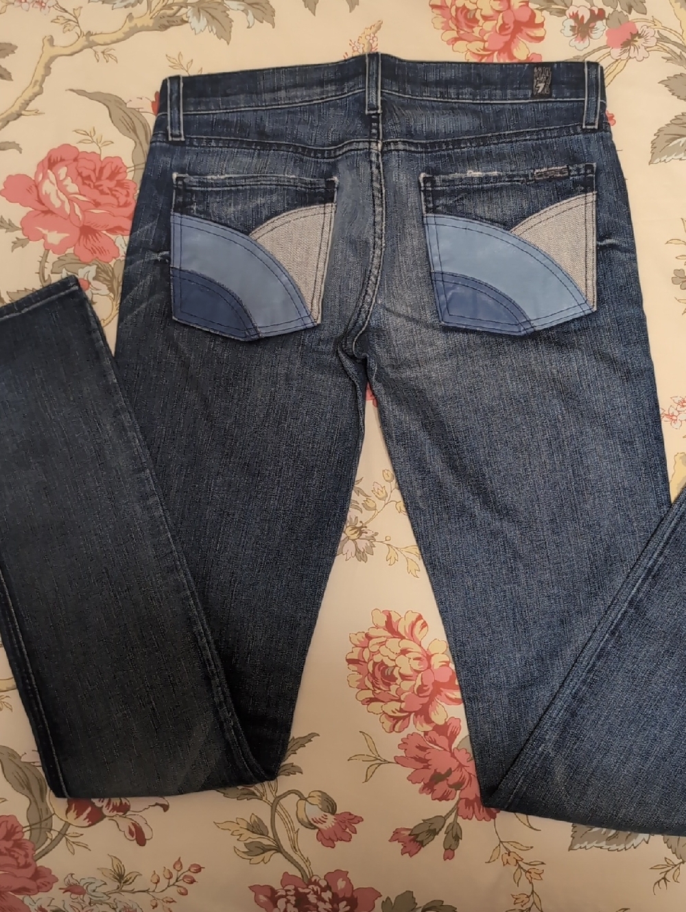 7 For All Mankind Dark Blue Skinny Jeans with Light Blue & Gray Pocket Panels
